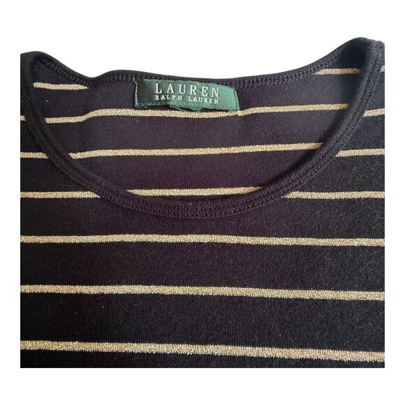 VTG Lauren Ralph Lauren TOP Women's MED Black & Gold Glitter Striped Long Sleeve - Picture 3 of 7